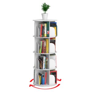 rotating bookshelf, revolving bookcase, spinning book shelf, 4 tier, 18.2” w x 50.6” h, white, wood, 360 degrees bookshelves, floor stand, rotation display tower, stackable, round, for kids, children