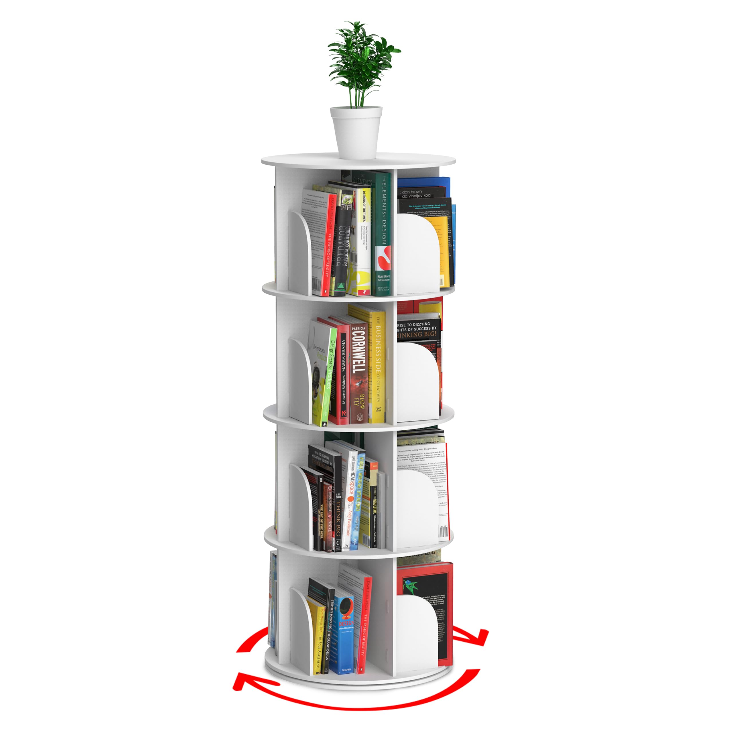 Rotating Bookshelf, Revolving Bookcase, Spinning Book Shelf, 4 Tier, 18.2” W x 50.6” H, White, Wood, 360 Degrees Bookshelves, Floor Stand, Rotation Display Tower, Stackable, Round, for Kids, Children