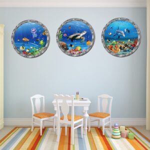 Ocean Animals World Under Sea Decor Includ Sea Turtles Dolphins Fishes 3 Pcs Removable 3D Peel and Stick Vinyl Stickers for Bathroom,Wall Decor,Wall Stickers,Bedroom,Furniture