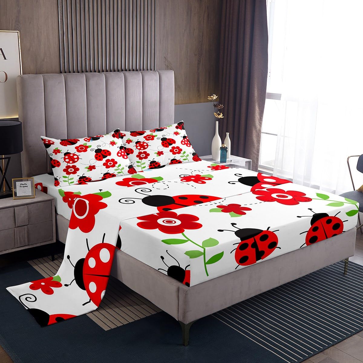 Castle Fairy Ladybug Bed Sheets Kids Boys Red Floral and Animal Sheet Set 3 Pcs Child Cute Bug Sheets Set + Deep Pocket Fitted Sheets + Entomology Flat Sheet 1 Pillow Sham,Twin Size