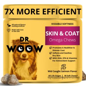 dr woow omega wild alaskan salmon fish oil 90 ct soft chews for dog - anti itch & coat + allergy support, with kelp, biotin, vitamins, zinc - helps itchy skin, dog allergies, may reduce shedding