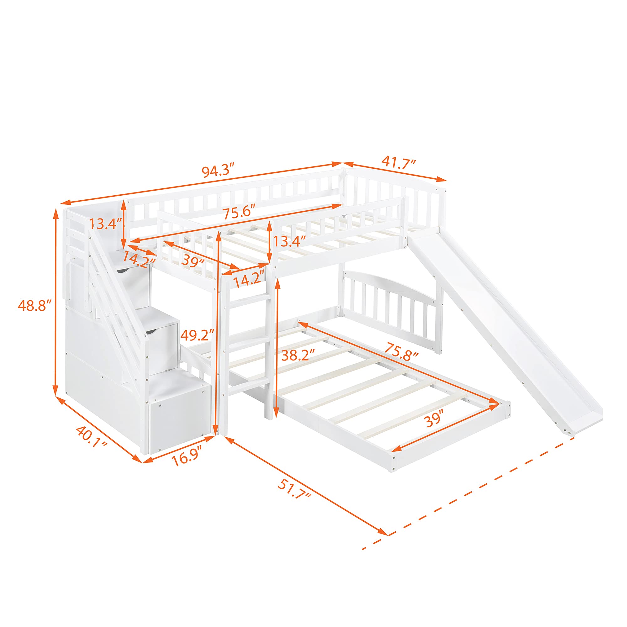 Harper & Bright Designs Twin Over Twin Bunk Beds with Slide and Stair, Solid Wood Low Bunk Bed with Storage Drawers and Guardrails for Kids Teens Bedroom, Guest Room Furniture (No Box Spring, White)