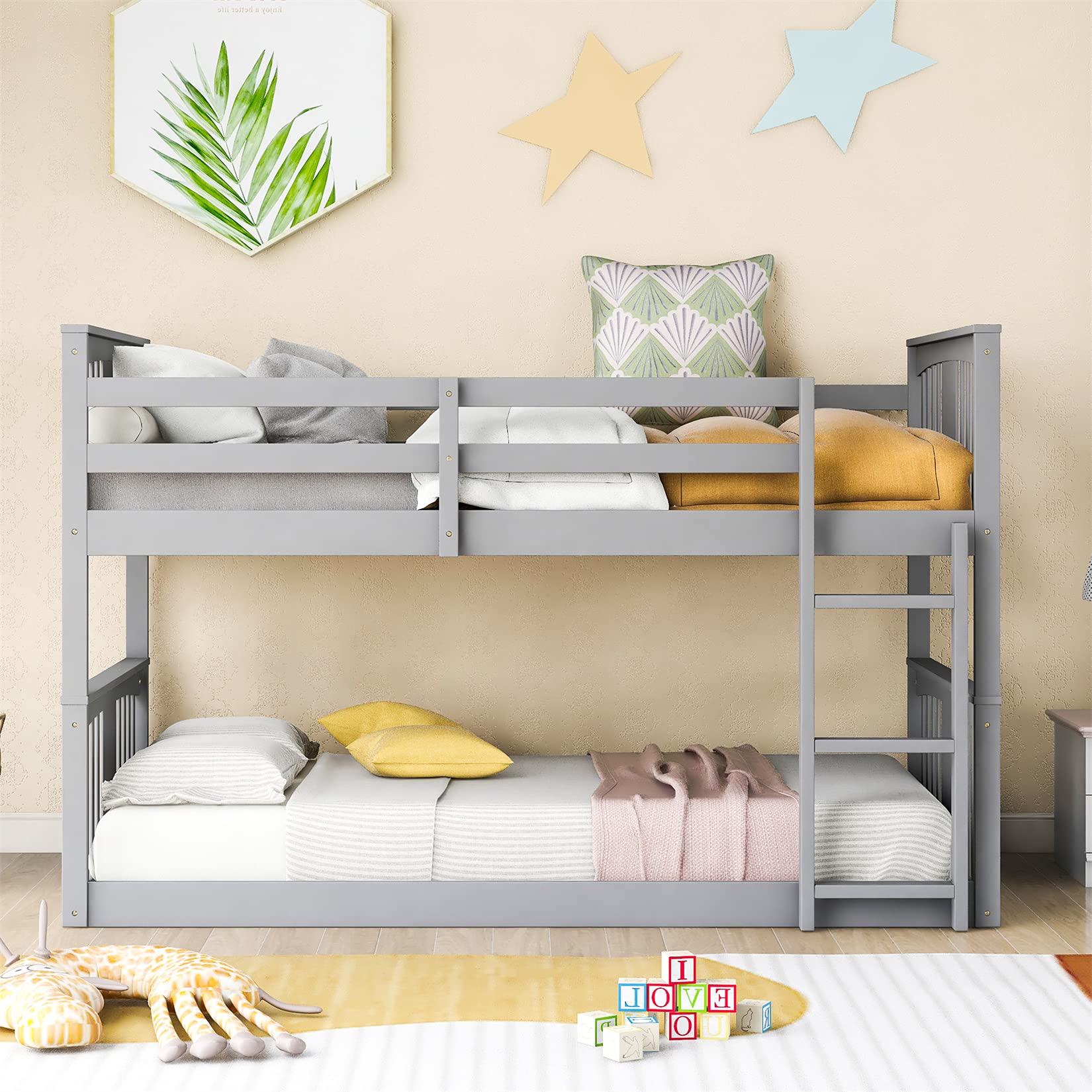 Twin Bunk Beds Low Bunk Bed Frame Wood Twin Over Twin Bunkbed for Kids Toddlers Boys Girls Bedroom, Gray