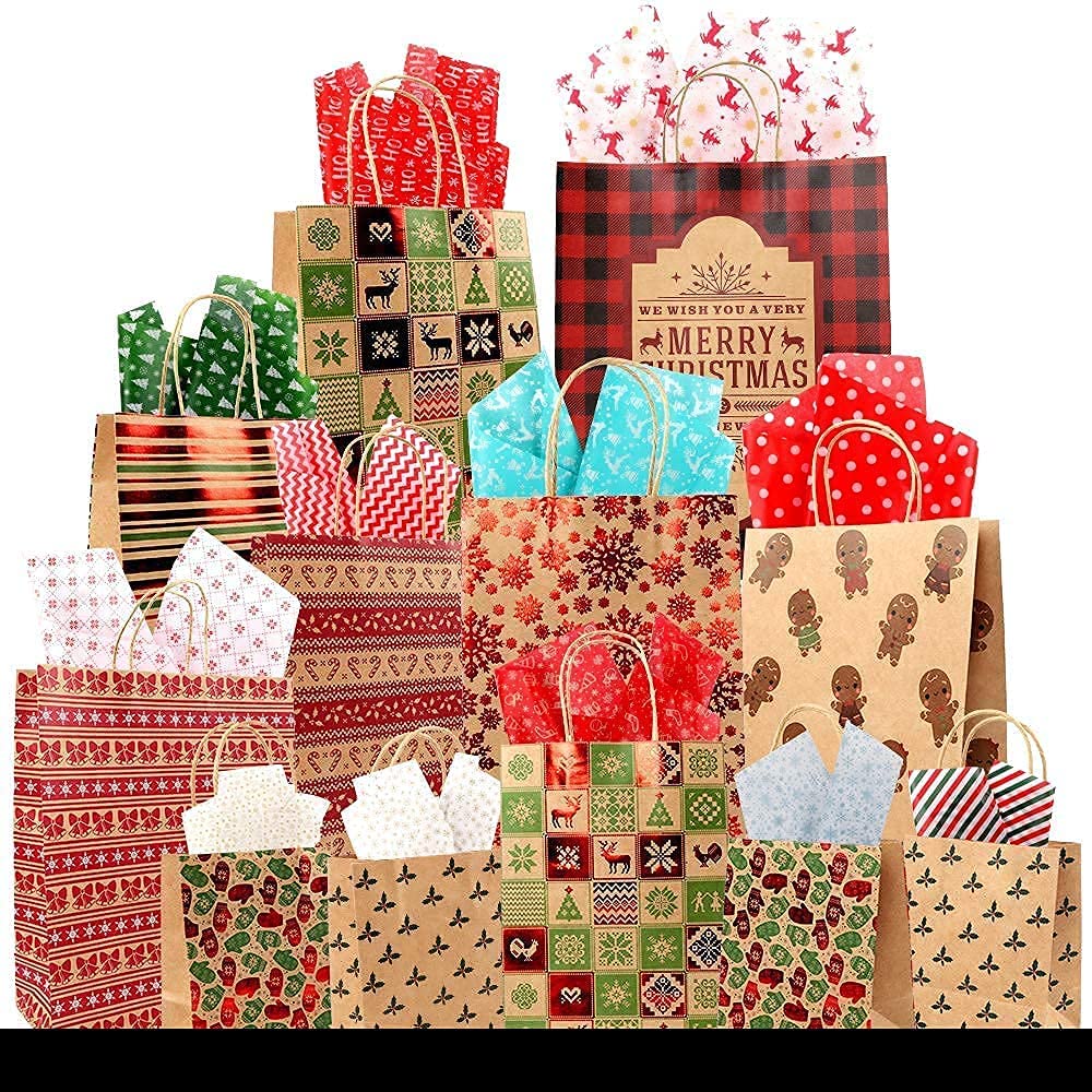 Christmas Tissue Paper for Gift Wrapping Bags, Colored Tissue Paper Christmas, 60 Sheets 20 x 20 Inches Per Sheet 12 Designs 5 Sheets Each Design for Gift Wrapping, Xmas Wrapping Bags and Wine Bottles