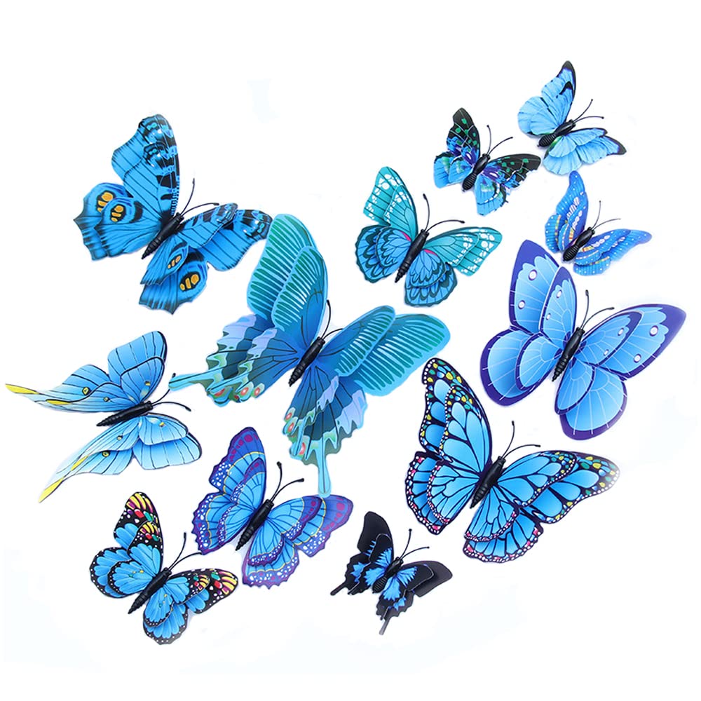 Blue Butterfly Decoration, BOPART 24Pcs Butterflies Wall Decor 3D Butterfly Decals Stickers, Magnetic Butterflies for Crafts (Mixed of 12 Styles at 4 Sizes in Double Wings)