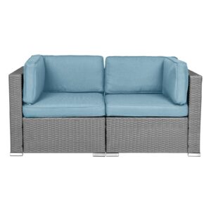 patiomore 2 pieces outdoor wicker loveseat, patio rattan sectional furniture corner sofa set all-weather grey wicker with removable cushions for balcony, backyard, garden (sky blue)