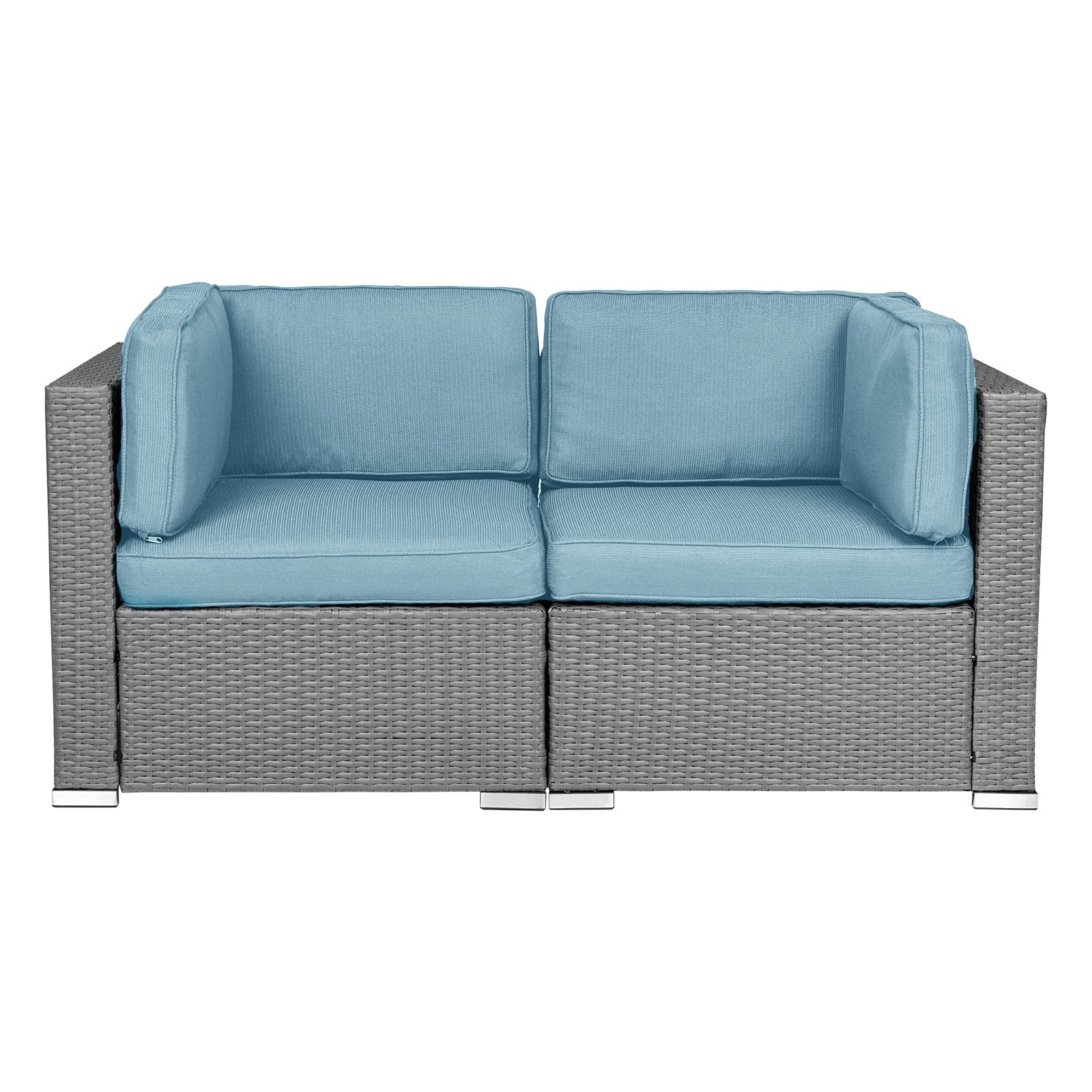 Patiomore 2 Pieces Outdoor Wicker Loveseat, Patio Rattan Sectional Furniture Corner Sofa Set All-Weather Grey Wicker with Removable Cushions for Balcony, Backyard, Garden (Sky Blue)