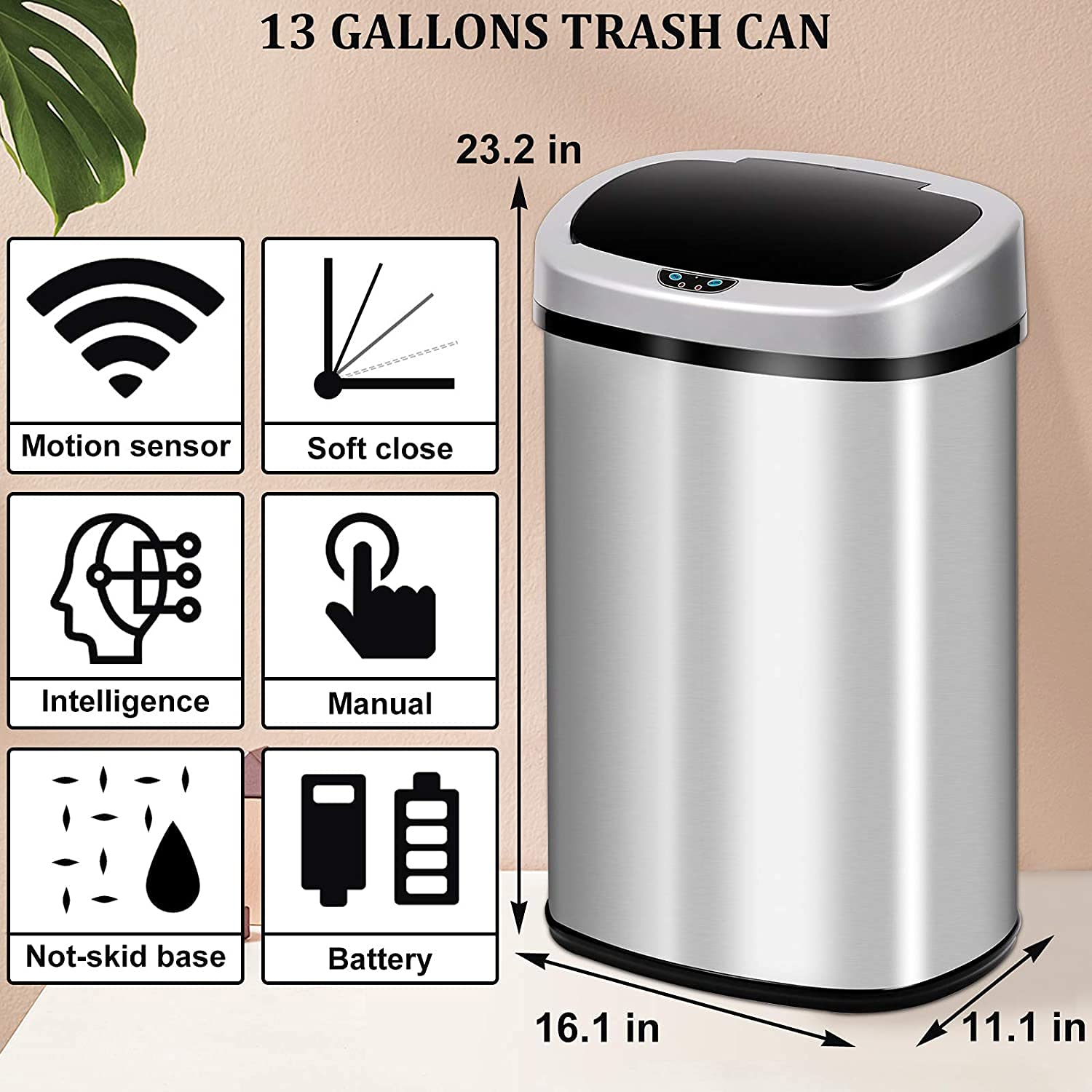 13 Gallon Trash Can Kitchen Garbage Can, Touch-Free Automatic Stainless Steel Trash Can with Lid Oval Shape Garbage Bin 50L High-Capacity Metal Trash Can for Bathroom Bedroom Home Office, Sliver