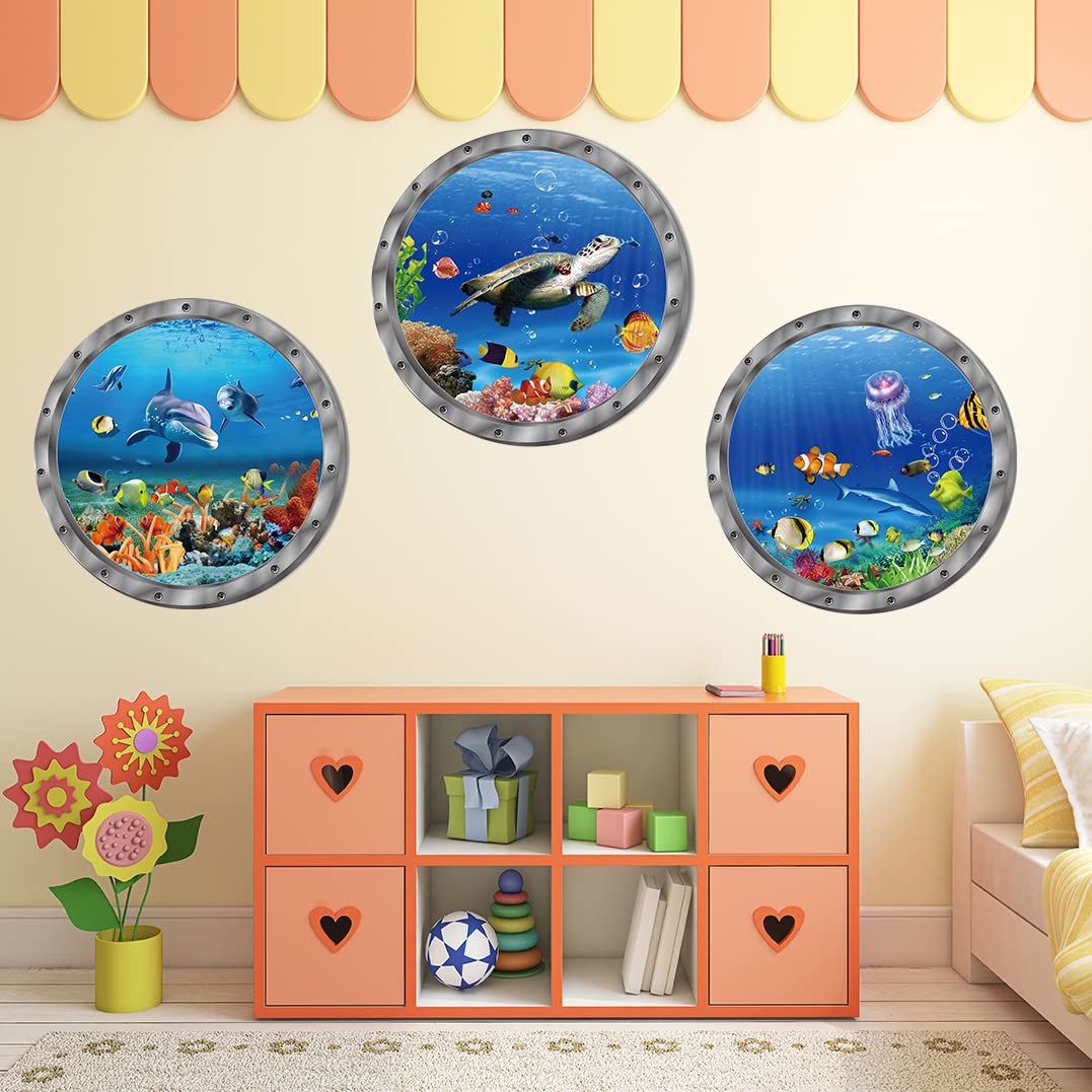 Ocean Animals World Under Sea Decor Includ Sea Turtles Dolphins Fishes 3 Pcs Removable 3D Peel and Stick Vinyl Stickers for Bathroom,Wall Decor,Wall Stickers,Bedroom,Furniture