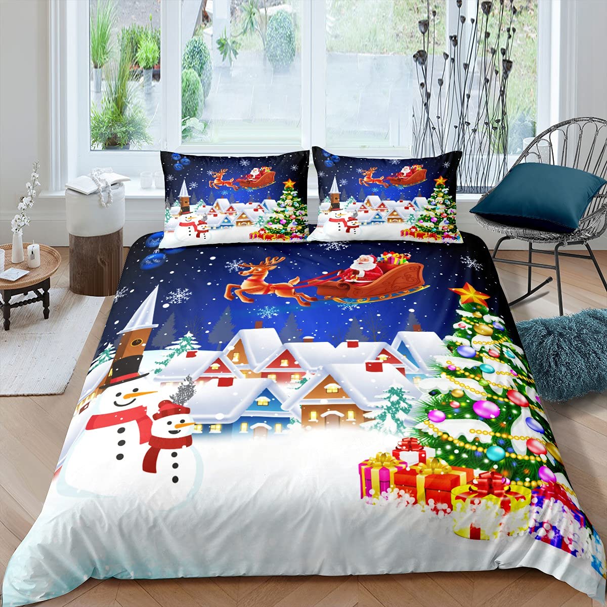 Manfei Christmas Duvet Cover Set Queen Size, Snowman Xmas Tree Print Comforter Cover Santa Claus with Reindeer Bedding Set 3pcs for Kids Girls New Year Theme Bedspread Cover,2 Pillowcases,No Comforter