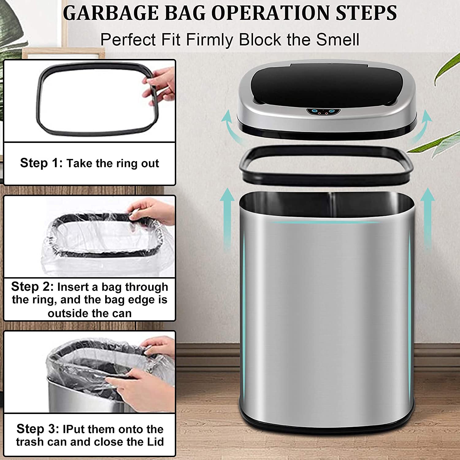 13 Gallon Trash Can Kitchen Garbage Can, Touch-Free Automatic Stainless Steel Trash Can with Lid Oval Shape Garbage Bin 50L High-Capacity Metal Trash Can for Bathroom Bedroom Home Office, Sliver