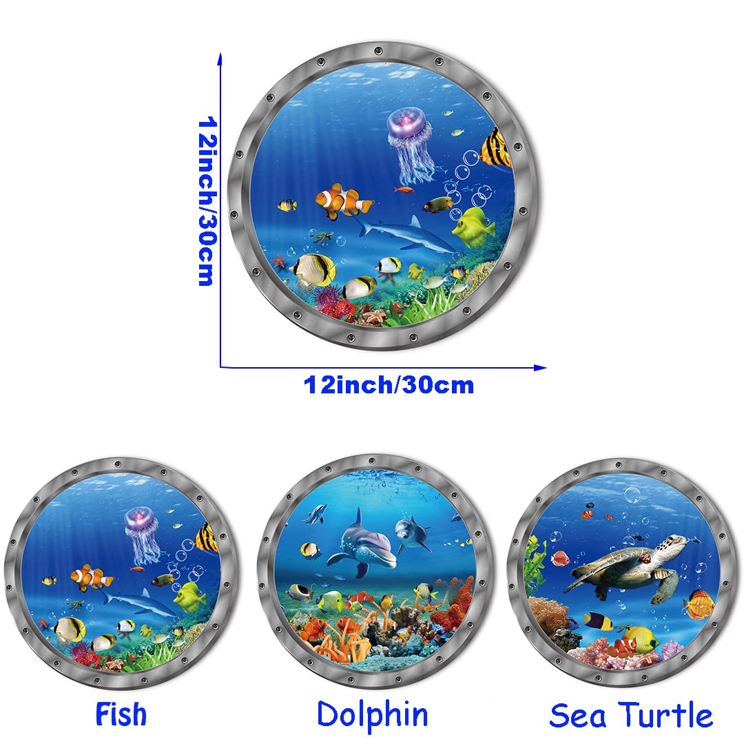 Ocean Animals World Under Sea Decor Includ Sea Turtles Dolphins Fishes 3 Pcs Removable 3D Peel and Stick Vinyl Stickers for Bathroom,Wall Decor,Wall Stickers,Bedroom,Furniture