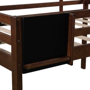 Full Size Loft Bed with Slide, Kids Low Loft Bed Frame with Chalkboard for Boys & Girls, Wood Full Slide Loft Bed with Under-Bed Space Storage (Walnut, Full)