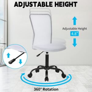 Armless Office Chair Ergonomic Desk Chair No Arms Mesh Computer Chair Adjustable Height Task Chair Rolling Swivel Chair Small Chair Executive Chair with Lumbar Support, White