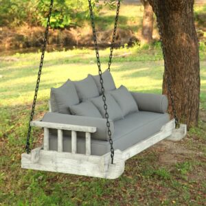 Ash & Ember Grade A Teak Twin Sized Porch Swing with Chain, 75" Wide Antique Finish Teak Wood Bed Frame with Grey Cushions, Weather-Resistant Backyard Benches Swings and Patio Furniture