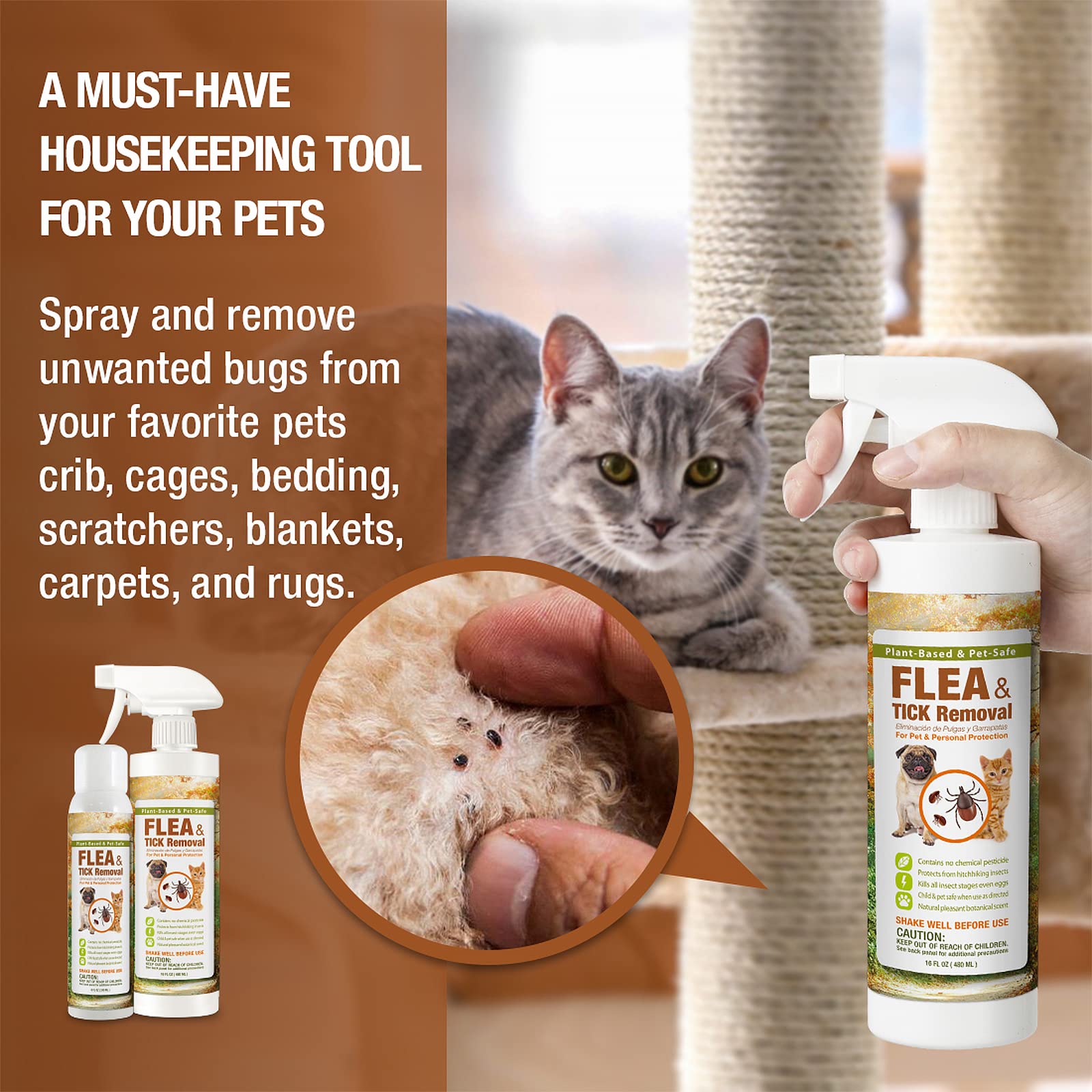 EcoVenger Flea & Tick Removal Spray 16oz for Dogs and Cats, Protects from Fleas, Mites, Ticks & Mosquitoes, eliminates+ Repels+ Housekeeping, Indoors/Outdoors, Plant-Based Formula Safe for Pets & Kids