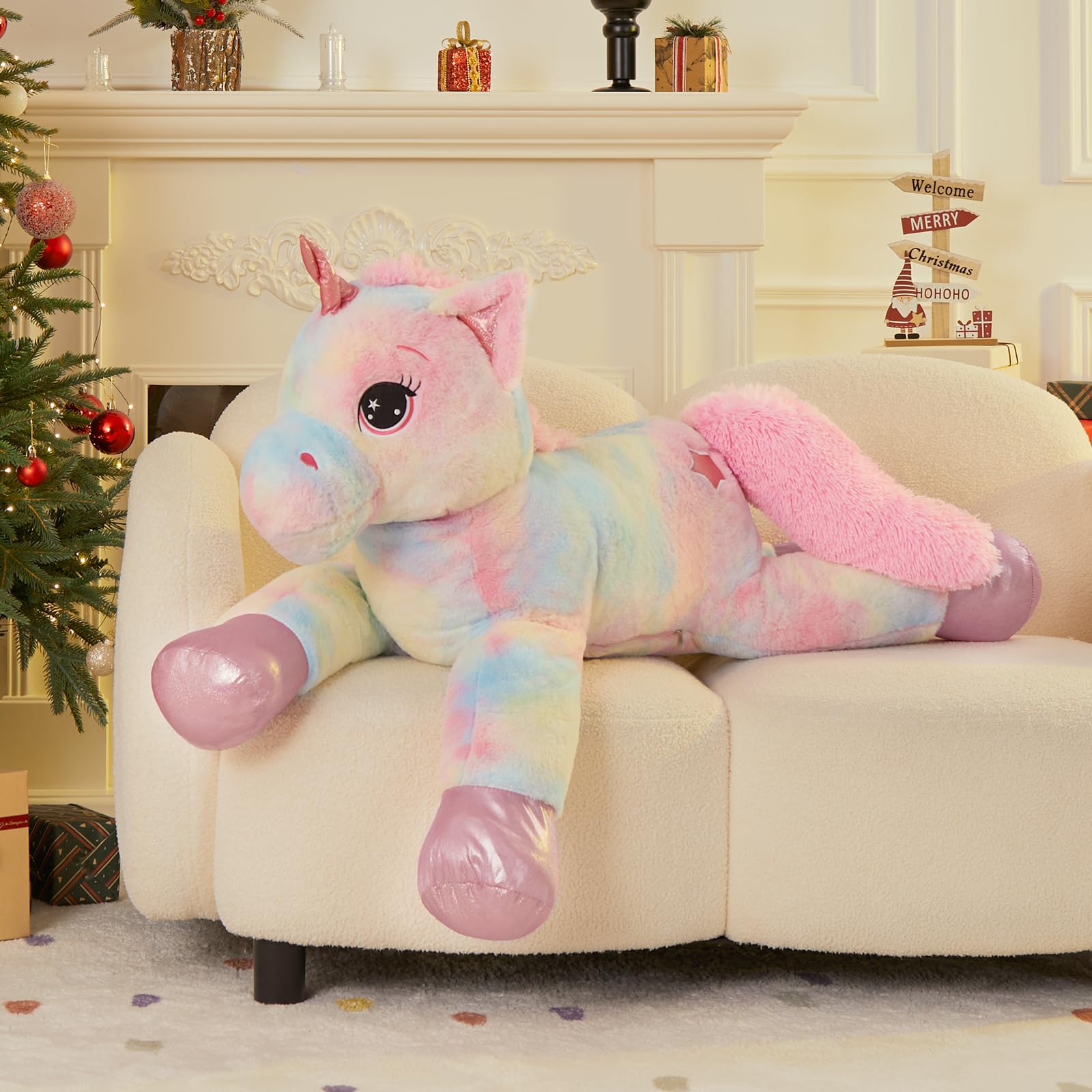 Muiteiur 43.4" Large Pink Unicorn Plush Pillow - Soft Stuffed Animal Toy Gift for Girls