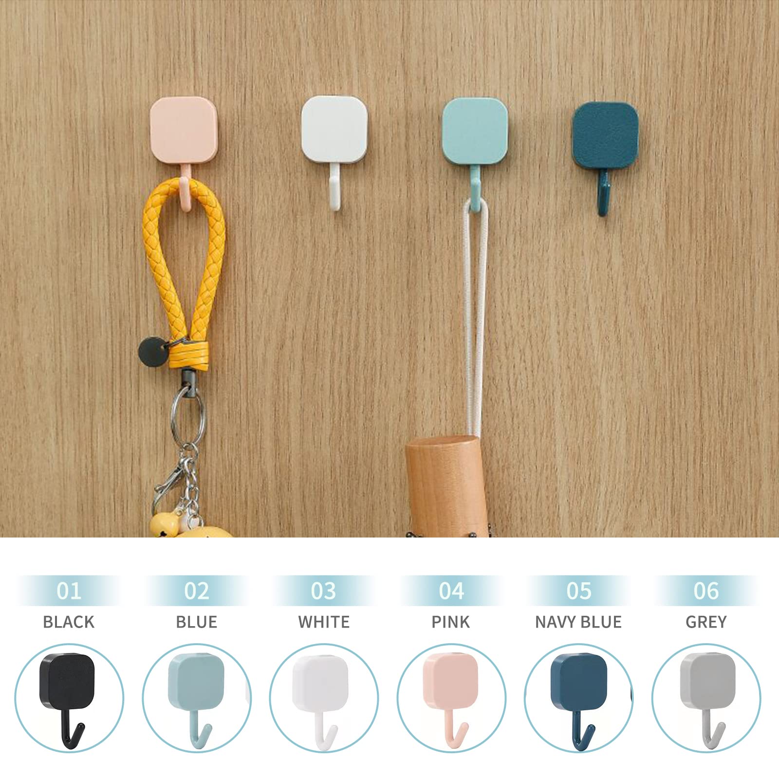 PINKG 12pcs Multicolor Adhesive Hooks Heavy Duty Wall Hooks Towel Waterproof Hooks for Hanging Coat, Towels, Hats, Keys, Shower, Kitchen, Living Room, Depot, Black, White, Gray, Pink, Blue, Navy Blue