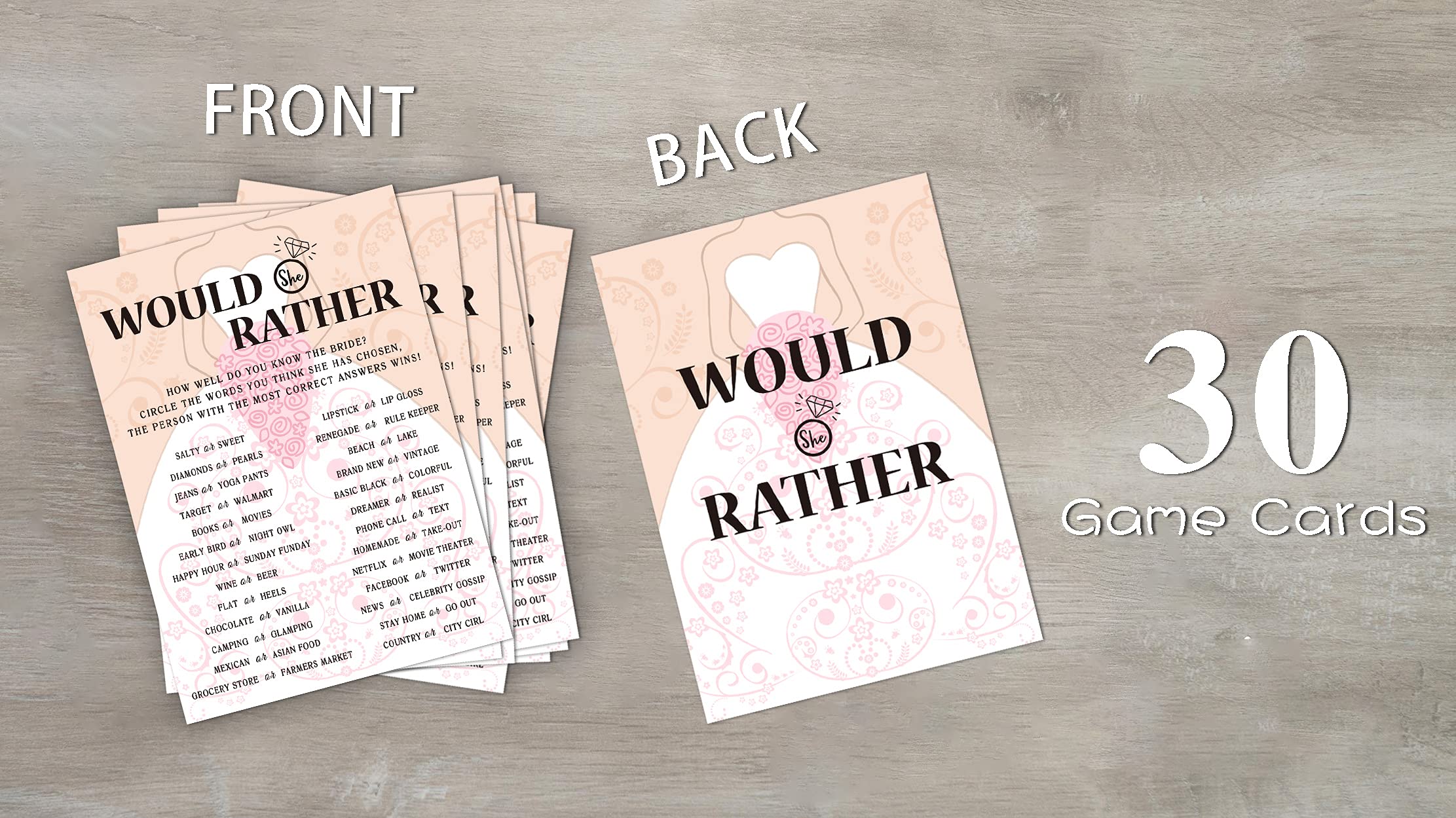 Huastatewolf Bridal Shower Game Cards, Would She Rather Game, Brid with Holding Flowers Pink Engagement Party Cards for Wedding, Set of 30 Cards(Dress003)