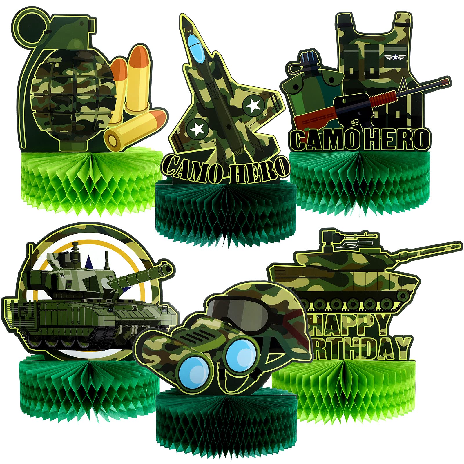 6 Pieces Army Military Honeycomb Centerpieces Camo Party Tank Camouflage Party Decorations Supplies 3D Birthday Theme Cakes Balls Table Topper Photo Props for Soldier Camouflage Baby Shower