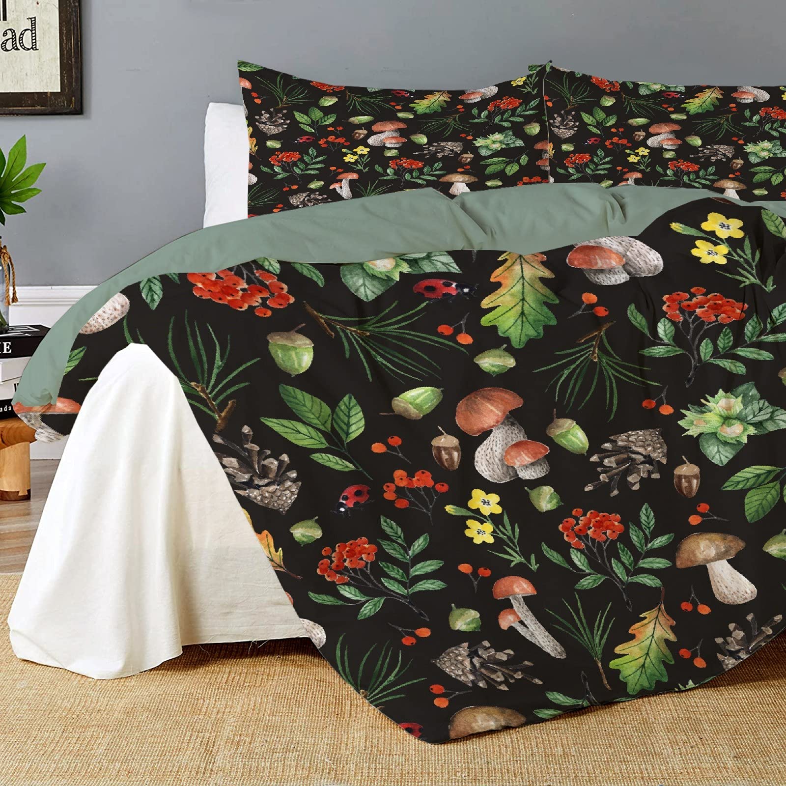 Darani Dark Wild Forest Mushrooms Duvet Cover Queen 90 x 90 in Ultra Soft Washed Microfiber Comforter Cover Sets 3 Pieces (1 Duvet Cover + 2 Pillow Shams)