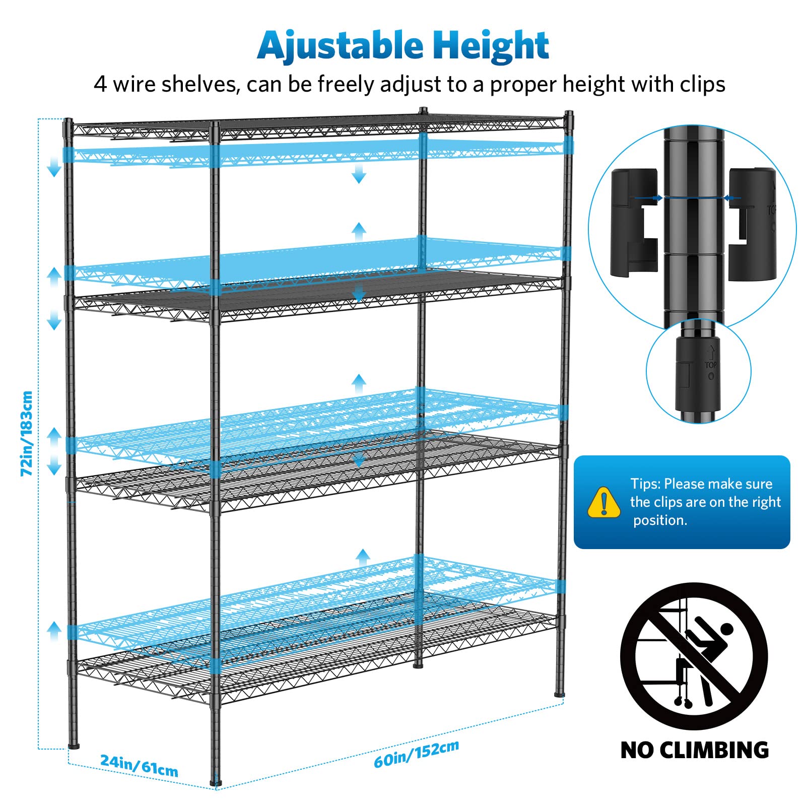 Raynesys Wire Shelving, 2000 Lbs Heavy Duty 60x24x72 Inch Shelving Metal Shelves with 4" Wheels, 4-Tier NSF Steel Wire Storage Shelf Commercial Grade Adjustable Utility Rack for Garage Kitchen, Black