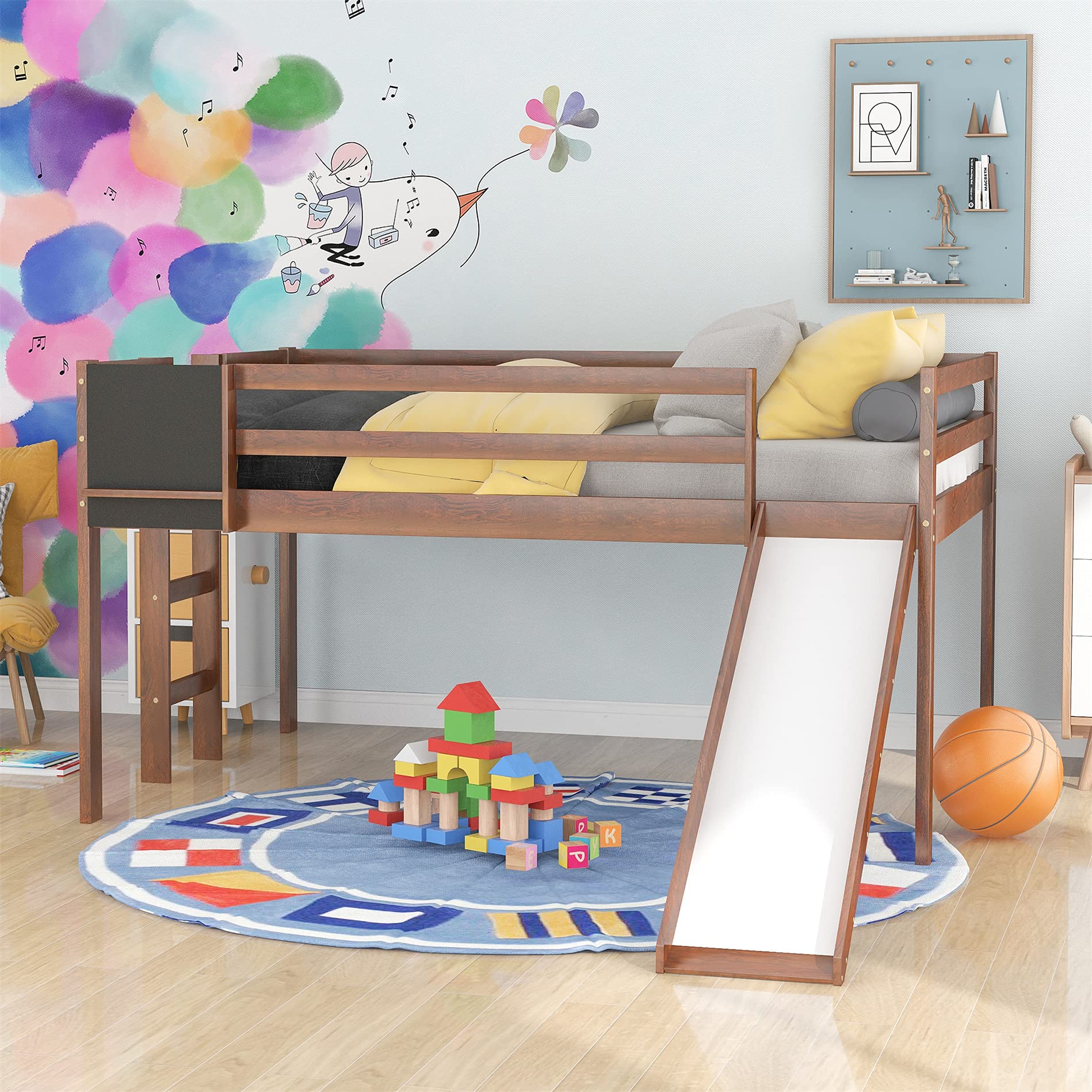 Full Loft Bed with Slide for Kids Wood Low Loft Bed with Ladder and Chalkboard, Kids Loft Bed Frame for Living Room Bedroom, Guest Room (Full Size, White)