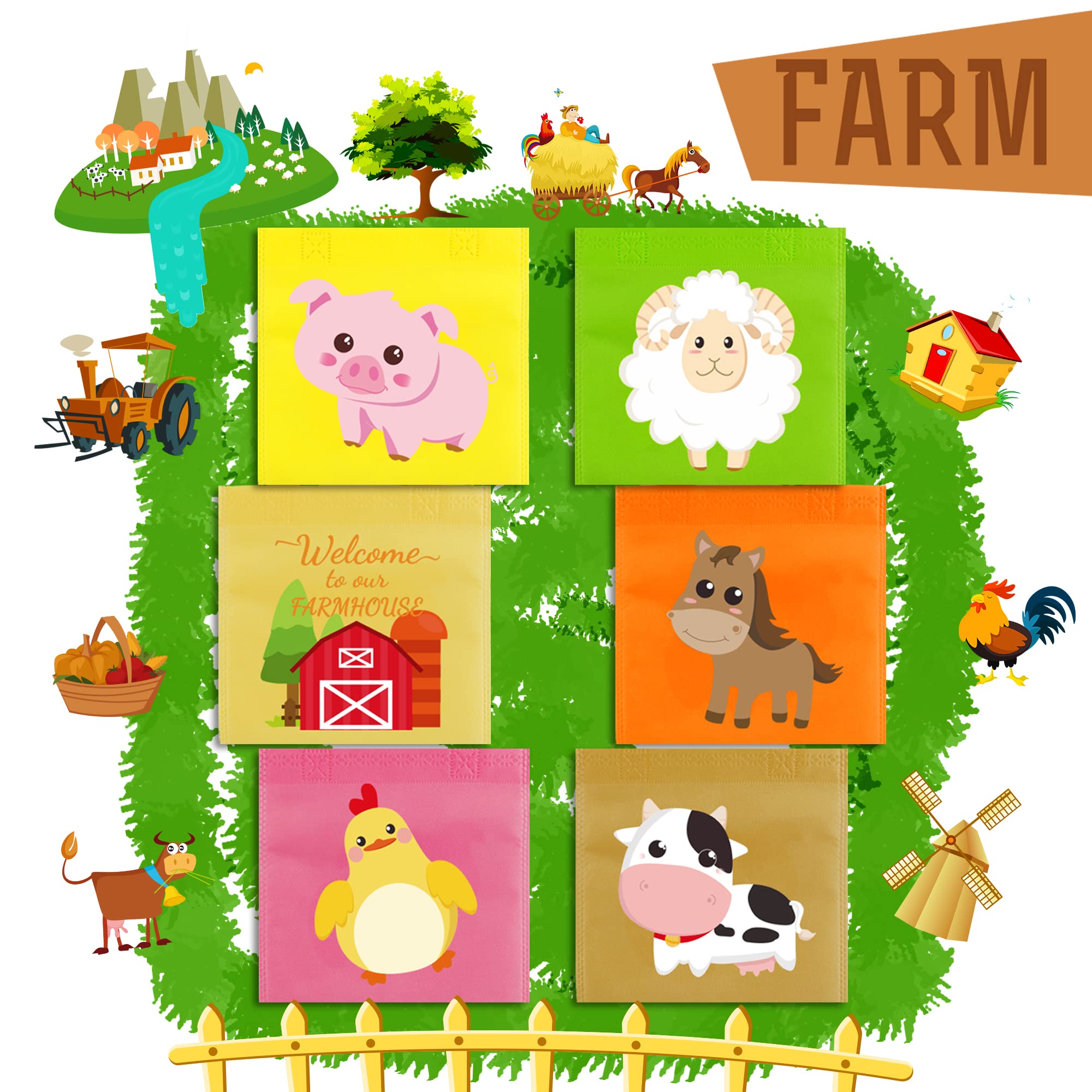 BANBALLON Farm Animal Party Favor Bags Barnyard Birthday Goodie Treat Bags Reusable Gift Bags for Farm Theme Birthday Party Classroom Baby Shower Supplies, Pack of 24