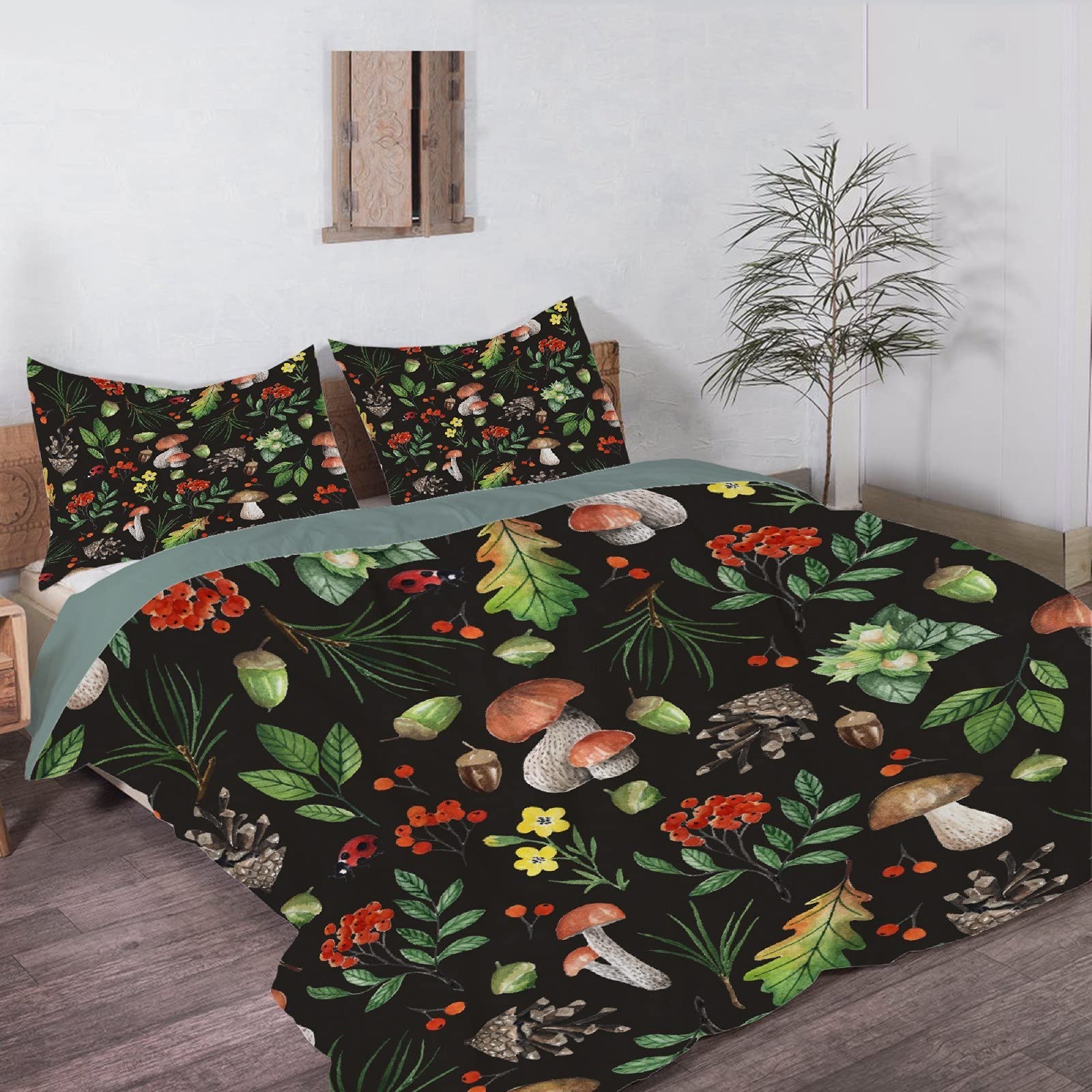 Darani Dark Wild Forest Mushrooms Duvet Cover Queen 90 x 90 in Ultra Soft Washed Microfiber Comforter Cover Sets 3 Pieces (1 Duvet Cover + 2 Pillow Shams)