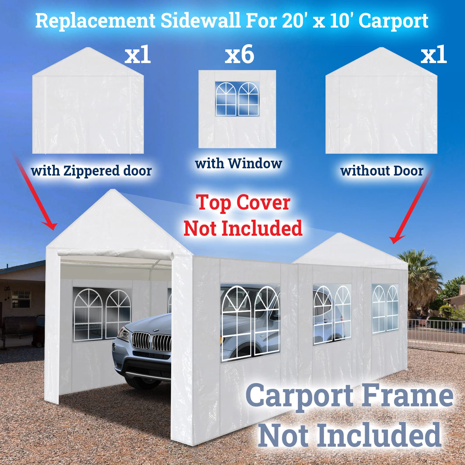 YardGrow 10'x20’ Carport Sidewall only Tent Replacement Kit Enclosed Panels with 2 Sidewalls and 2 Doors, 1 Door with Zipper