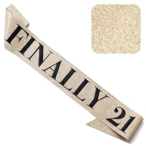 corrure 'finally 21' birthday sash with glitter - gold sash with black foil 21st birthday sash for men and women - ideal twenty one sash party favors supplies and decorations for your 21 bday party