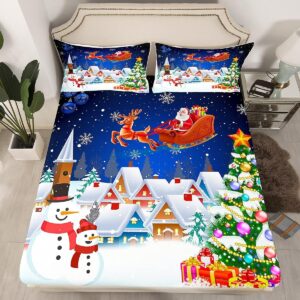 Manfei Christmas Sheet Set Full Size Snowman Christmas Tree Print Bed Sheet Set 4pcs with Deep Pocket Fitted Sheet + Flat Sheet + 2 Pillowcases Santa Claus with Reindeer Bedding Set for Kids Girls