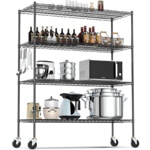 raynesys wire shelving, 2000 lbs heavy duty 60x24x72 inch shelving metal shelves with 4" wheels, 4-tier nsf steel wire storage shelf commercial grade adjustable utility rack for garage kitchen, black