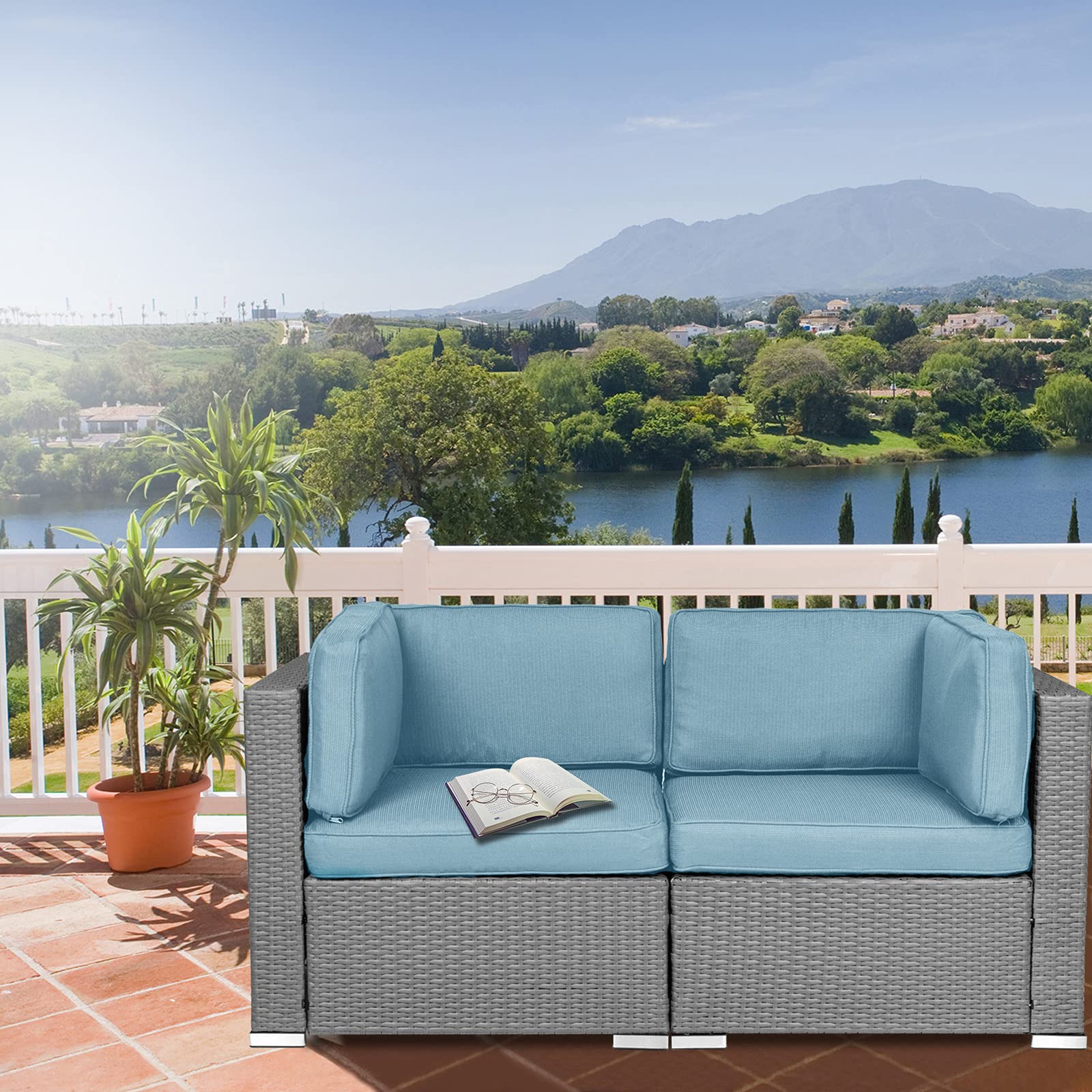 Patiomore 2 Pieces Outdoor Wicker Loveseat, Patio Rattan Sectional Furniture Corner Sofa Set All-Weather Grey Wicker with Removable Cushions for Balcony, Backyard, Garden (Sky Blue)