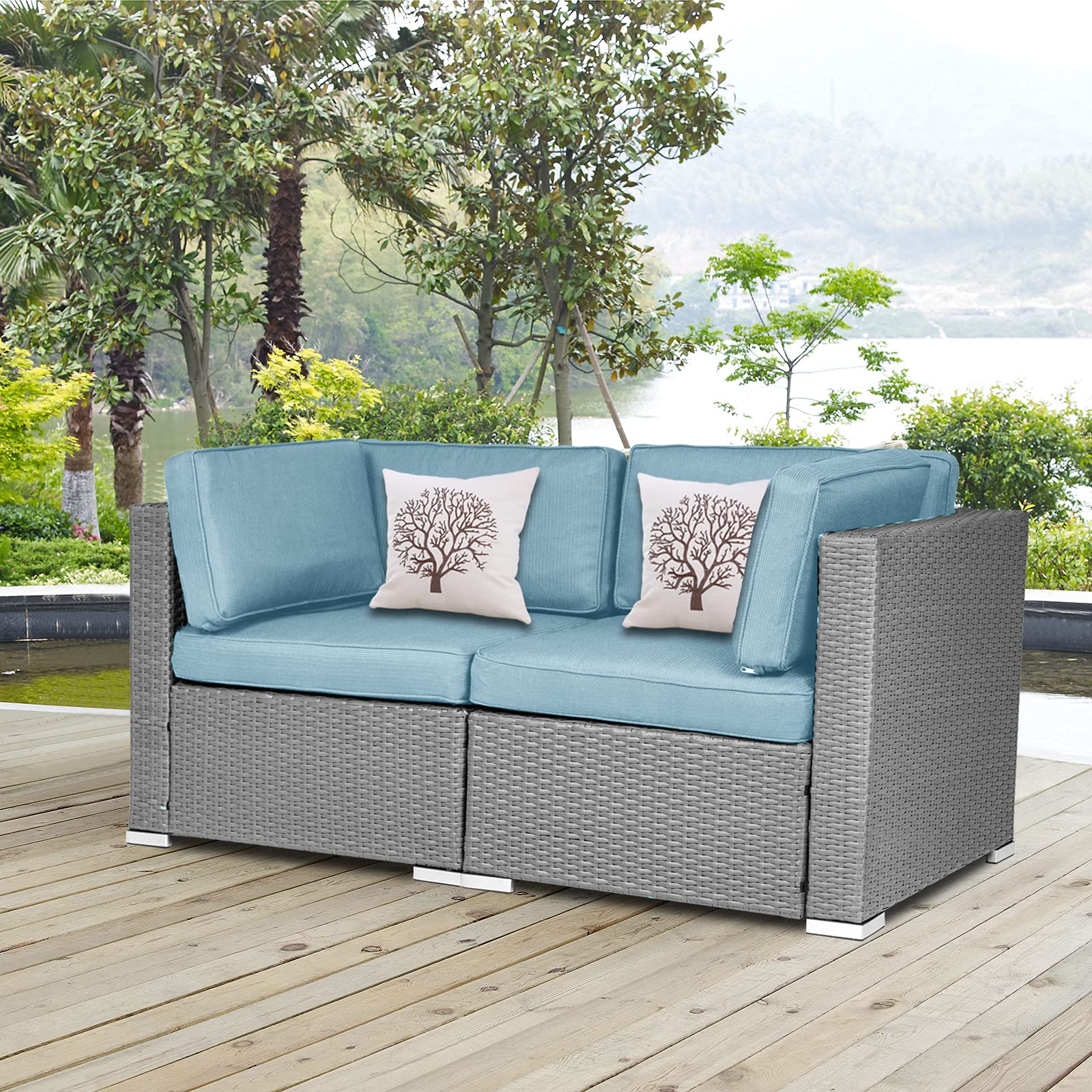 Patiomore 2 Pieces Outdoor Wicker Loveseat, Patio Rattan Sectional Furniture Corner Sofa Set All-Weather Grey Wicker with Removable Cushions for Balcony, Backyard, Garden (Sky Blue)