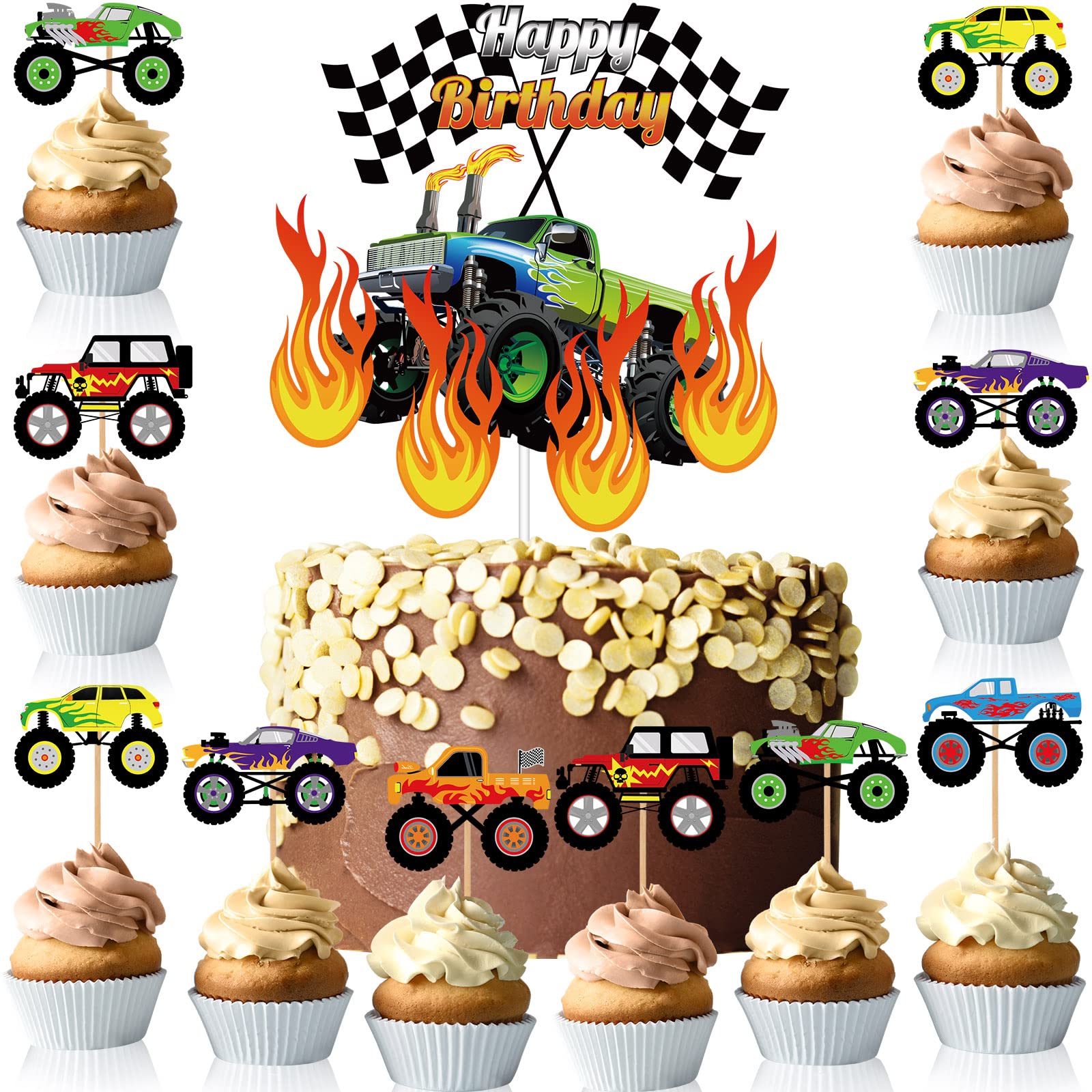 Censen 48 Pcs Truck Cake Topper Birthday Party Supplies Truck Cake Decorations Racing Car Birthday Cake Cupcake Topper Blaze Birthday Cake Topper for Kids Baby Shower Car Party Favors