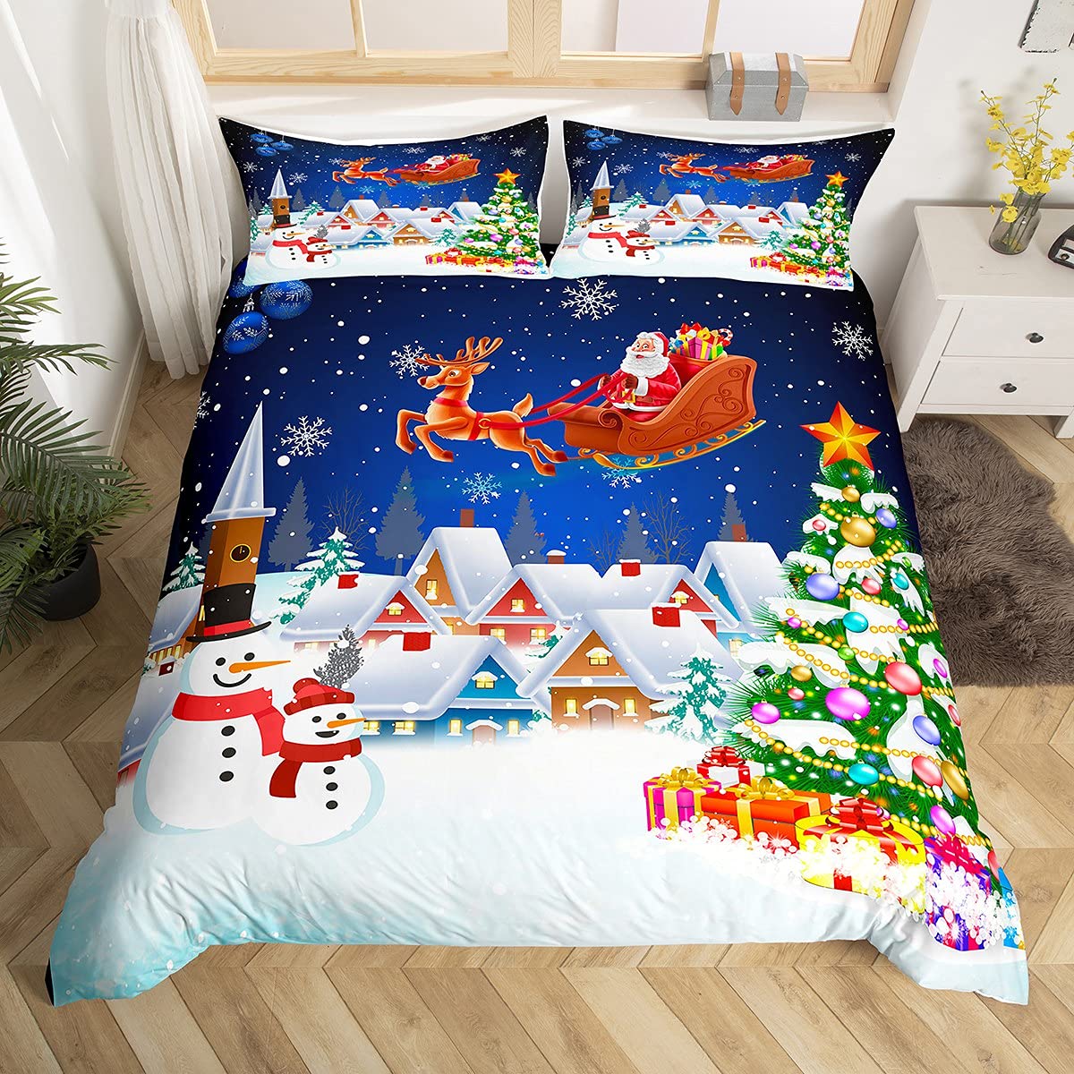 Manfei Christmas Duvet Cover Set Queen Size, Snowman Xmas Tree Print Comforter Cover Santa Claus with Reindeer Bedding Set 3pcs for Kids Girls New Year Theme Bedspread Cover,2 Pillowcases,No Comforter