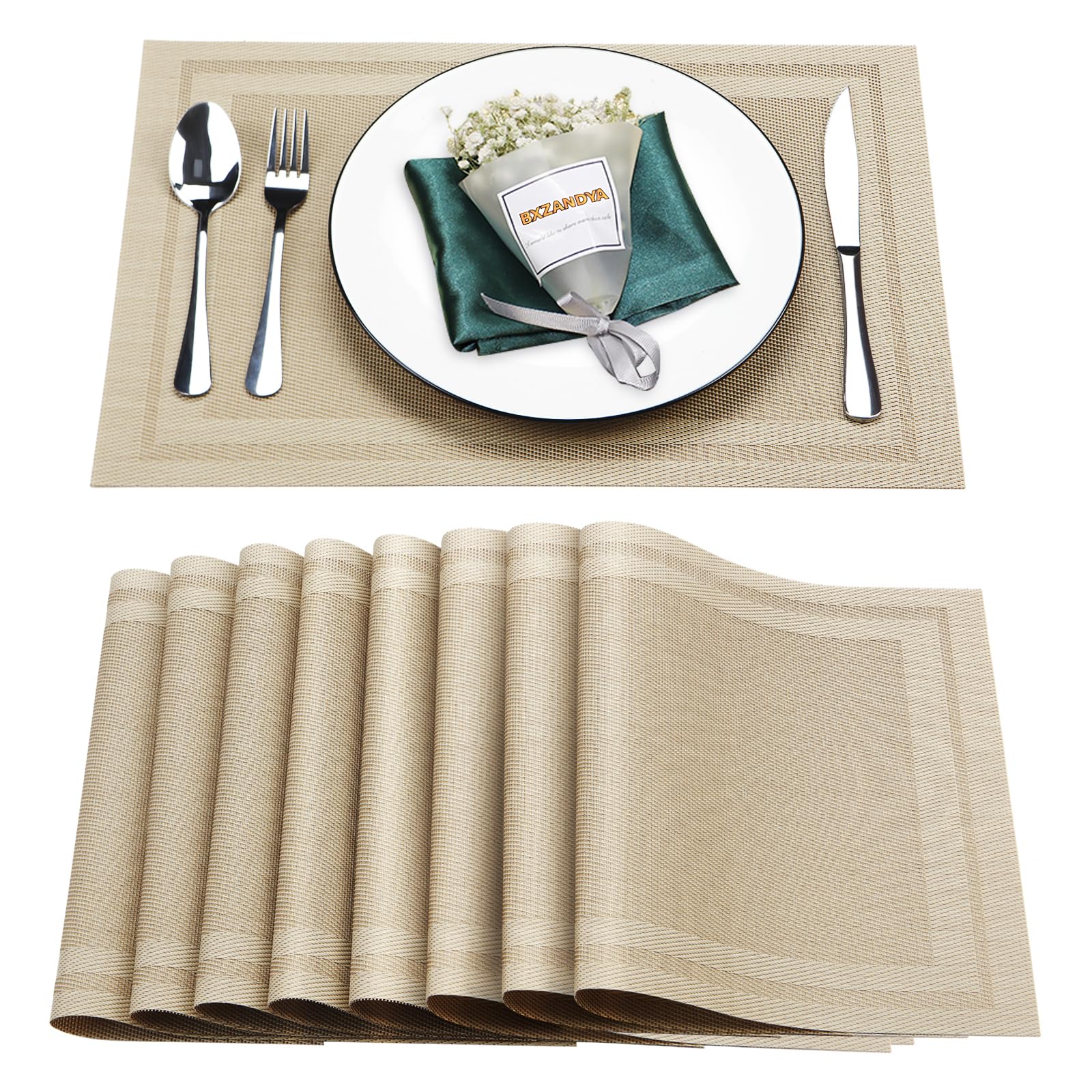 Bxzandya Placemats Set of 8,Washable,Heat and Stain Resistant Indoor/Outdoor Place mats, Vinyl Woven Non Slip Table Mats for Restaurant Table Protection, PVC Table Placemats.(Beige, 8PCS)