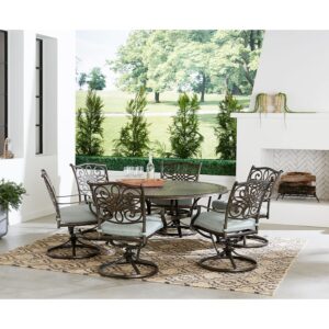 Hanover Renditions 7 Piece Outdoor Dining Set with Sunbrella® Fabric and Elegant 60" Round Patio Table with 6 Comfortable Swivel Chairs and Rust, UV, and Weather-Resistant Aluminum Frames in Mist