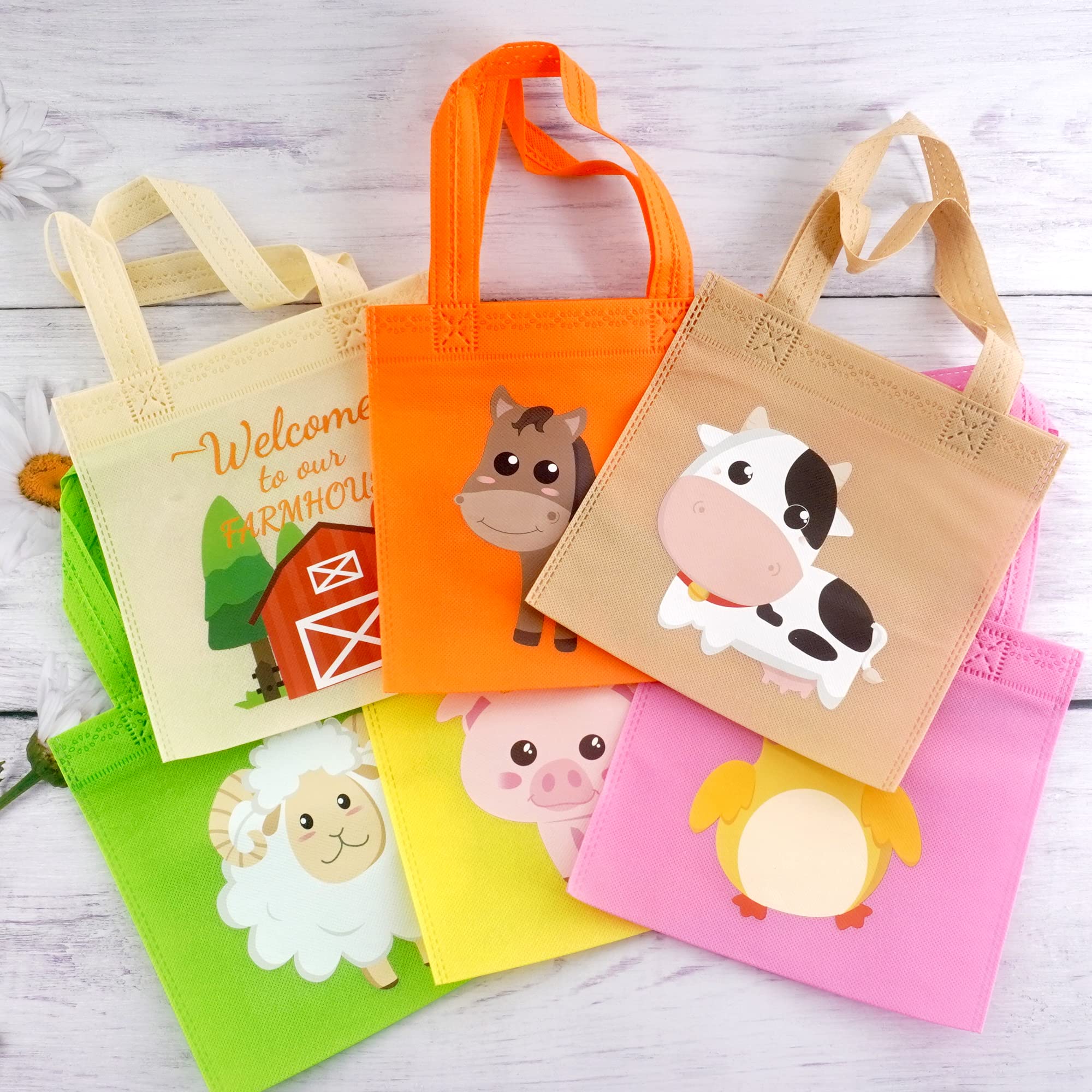 BANBALLON Farm Animal Party Favor Bags Barnyard Birthday Goodie Treat Bags Reusable Gift Bags for Farm Theme Birthday Party Classroom Baby Shower Supplies, Pack of 24