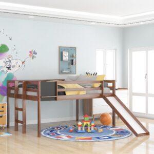 full size loft bed with slide, kids low loft bed frame with chalkboard for boys & girls, wood full slide loft bed with under-bed space storage (walnut, full)