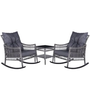 mupater 3-piece outdoor rocking chair wicker bistro set with table and cushions, patio rattan rocker bistro set for porch, grey