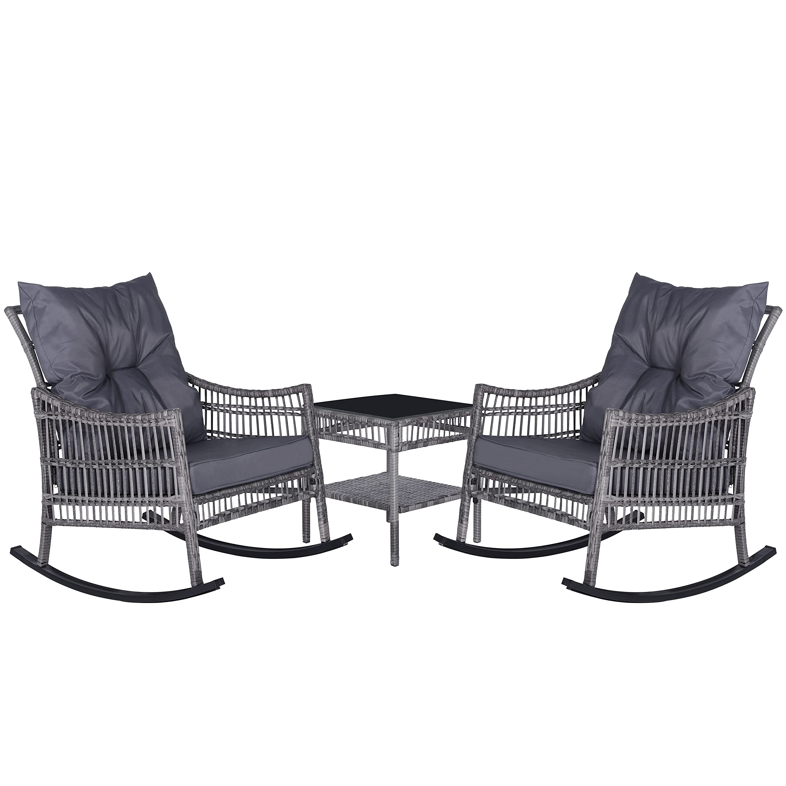 MUPATER 3-Piece Outdoor Rocking Chair Wicker Bistro Set with Table and Cushions, Patio Rattan Rocker Bistro Set for Porch, Grey