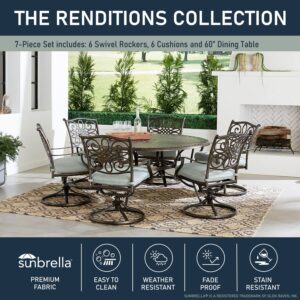 Hanover Renditions 7 Piece Outdoor Dining Set with Sunbrella® Fabric and Elegant 60" Round Patio Table with 6 Comfortable Swivel Chairs and Rust, UV, and Weather-Resistant Aluminum Frames in Mist