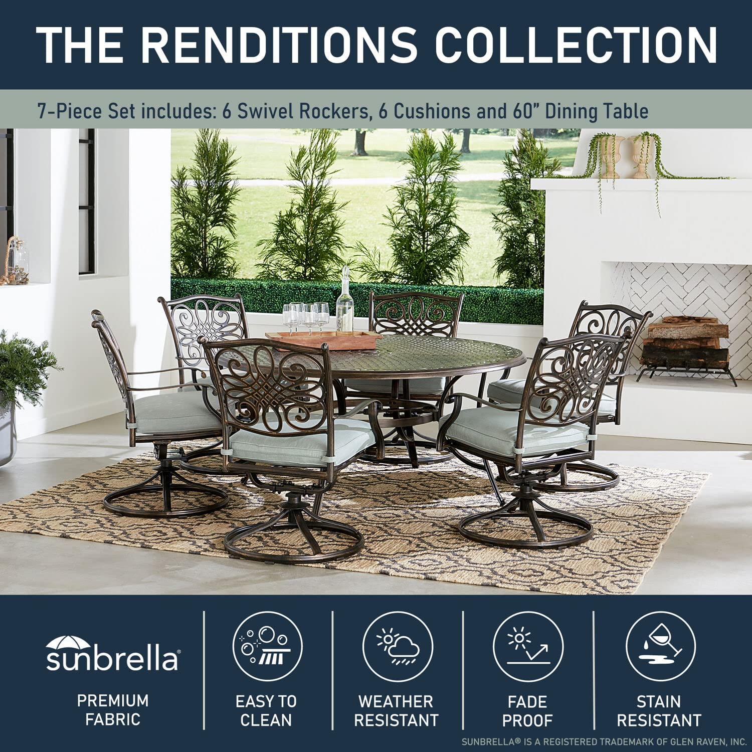 Hanover Renditions 7 Piece Outdoor Dining Set with Sunbrella® Fabric and Elegant 60" Round Patio Table with 6 Comfortable Swivel Chairs and Rust, UV, and Weather-Resistant Aluminum Frames in Mist