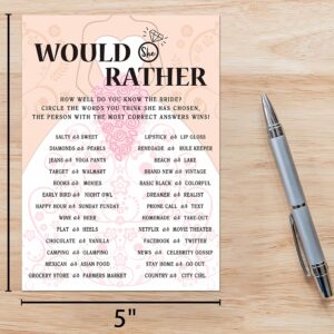 Huastatewolf Bridal Shower Game Cards, Would She Rather Game, Brid with Holding Flowers Pink Engagement Party Cards for Wedding, Set of 30 Cards(Dress003)