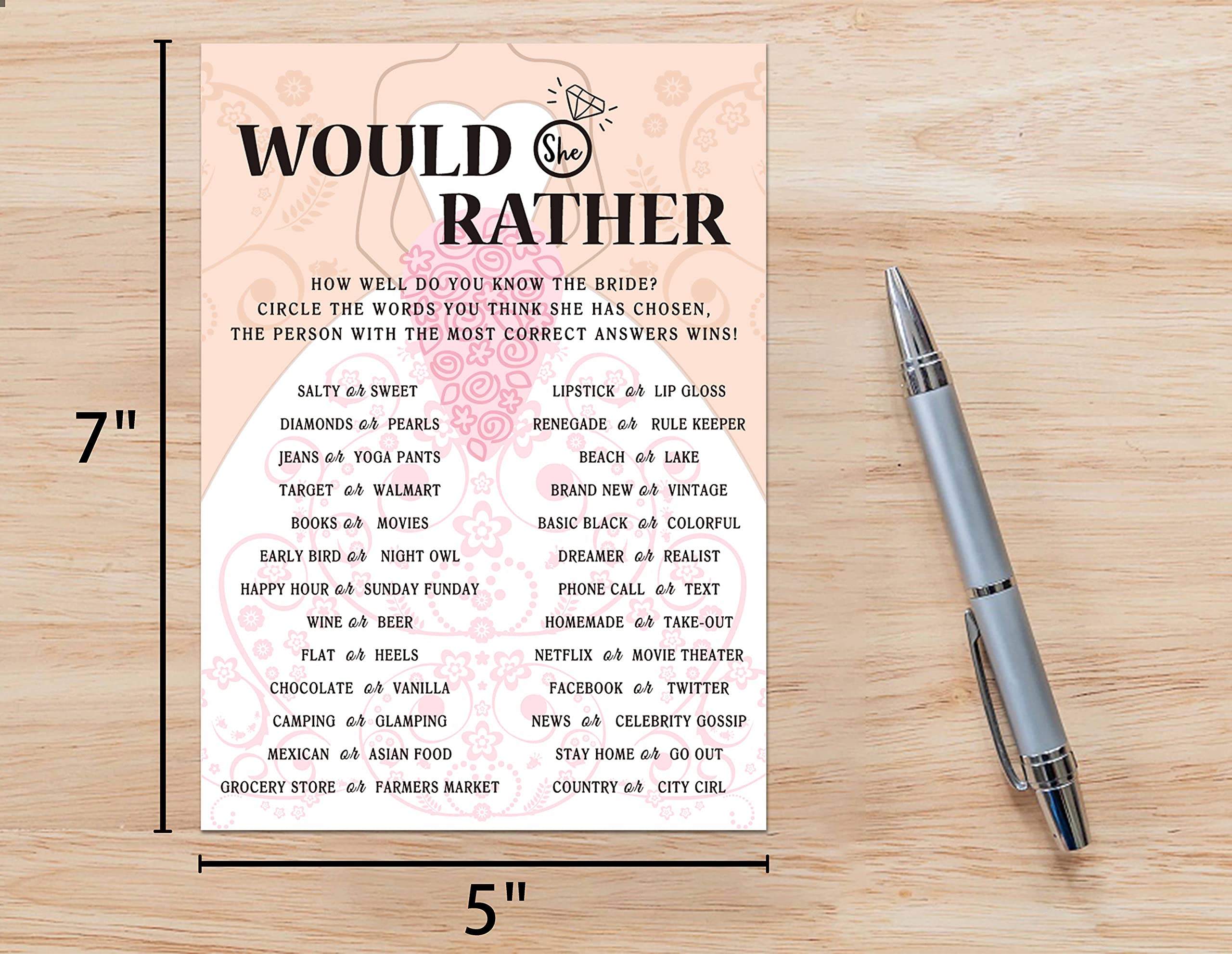 Huastatewolf Bridal Shower Game Cards, Would She Rather Game, Brid with Holding Flowers Pink Engagement Party Cards for Wedding, Set of 30 Cards(Dress003)