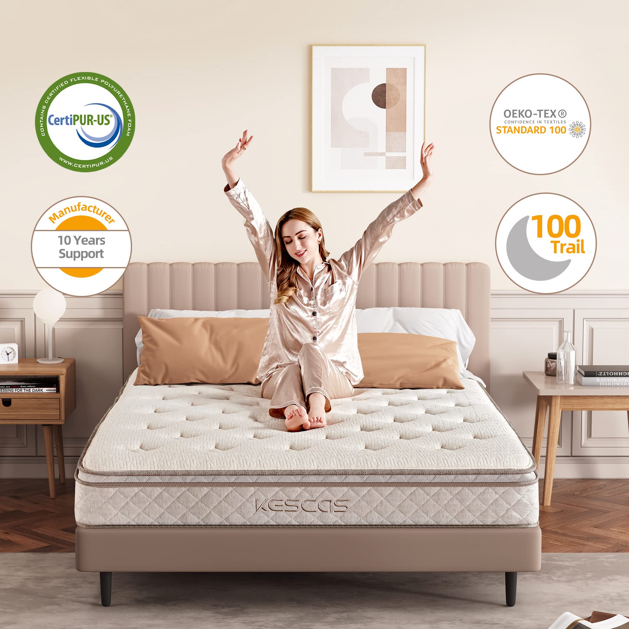 Kescas 12 Inch Memory Foam Hybrid Queen Mattress - Knitted Fabric Cover with Linen - Heavier Coils for Durable Support - Pocket Innersprings for Motion Isolation - Pressure Relieving - Medium Firm