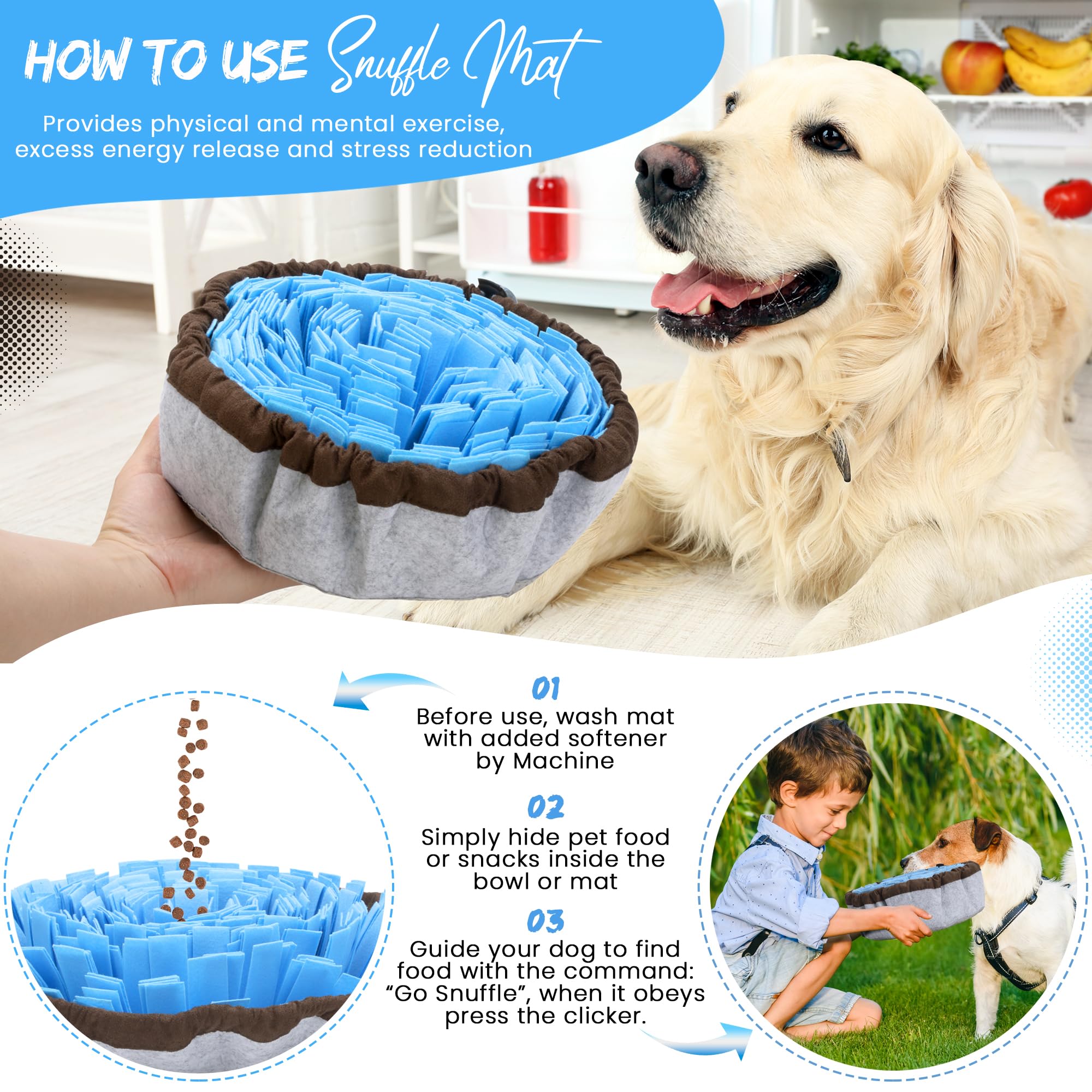 Dog Snuffle Mat Adjustable Big Breed, Puzzle Playthings Dog mental stimulation toys, slow-eating dog toys, stress-relieving dog toys, and small dog enrichment toys for large dogs with Pet Clicker