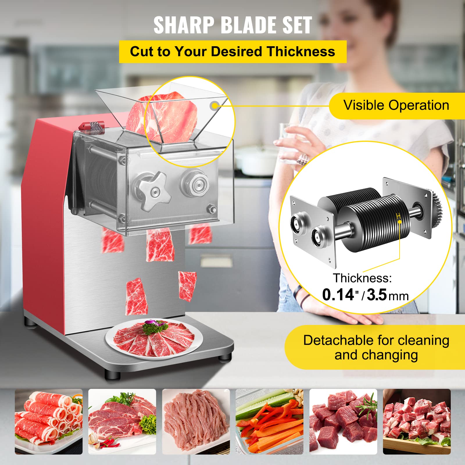 VEVOR Commercial Meat Cutting Machine, 551 Lbs/H 850W Meat Shredding Machine, 3.5mm Blade Electric Meat Cutter, Stainless Steel Restaurant Food Cutter, for Kitchen Supermarket Lamb Beef Chicken, Red